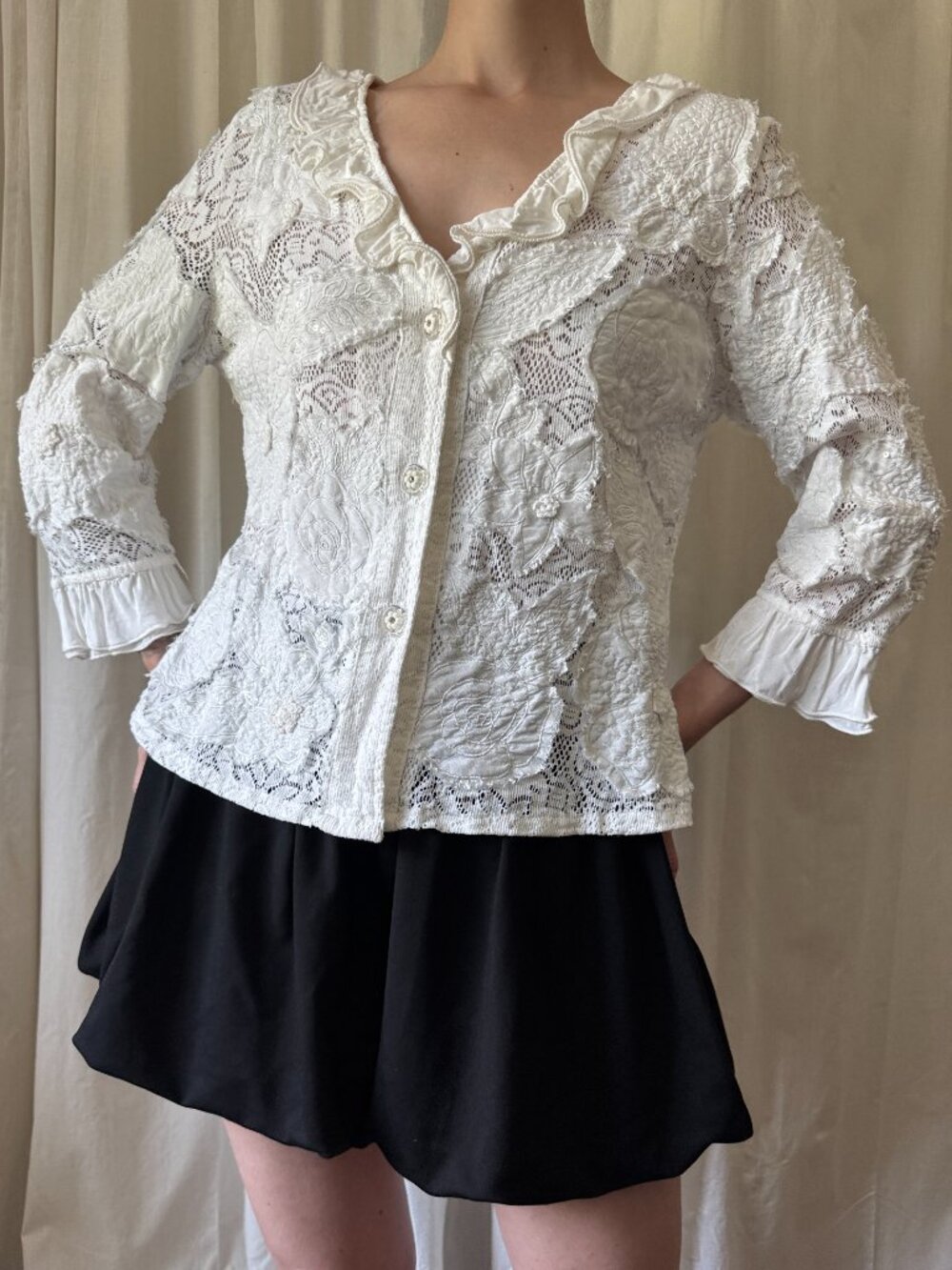 Vintage Yak Magik White Lace Appliqué Button Down Top Women's Size Medium